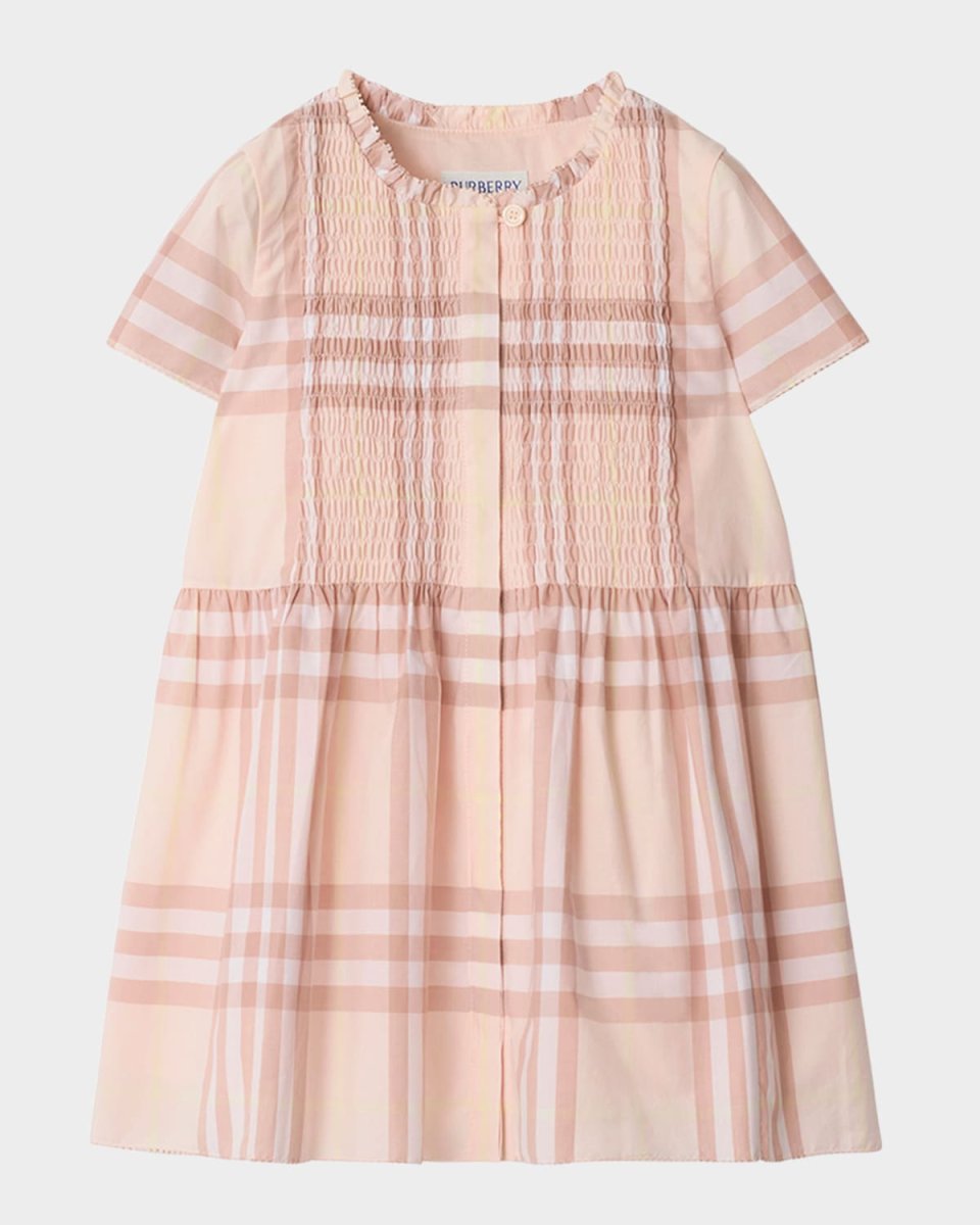 Girl's Rose Check Smocked Poplin Cap-Sleeve Dress, Size 12M-2
